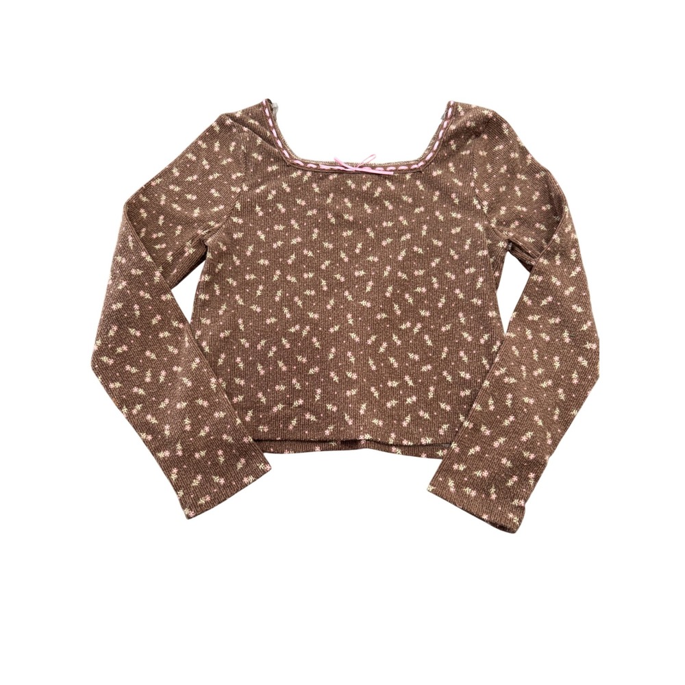 Paisley Lane Girls Brown Floral Ribbed Long Sleeve Top Square Neck Ribbon Size 8